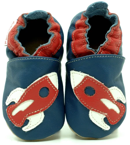 Soft Sole Baby Shoes RED ROCKET ON NAVY BLUE