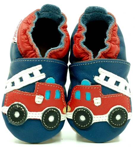 Soft Sole Baby Shoes FIRE TRUCK ON NAVY BLUE